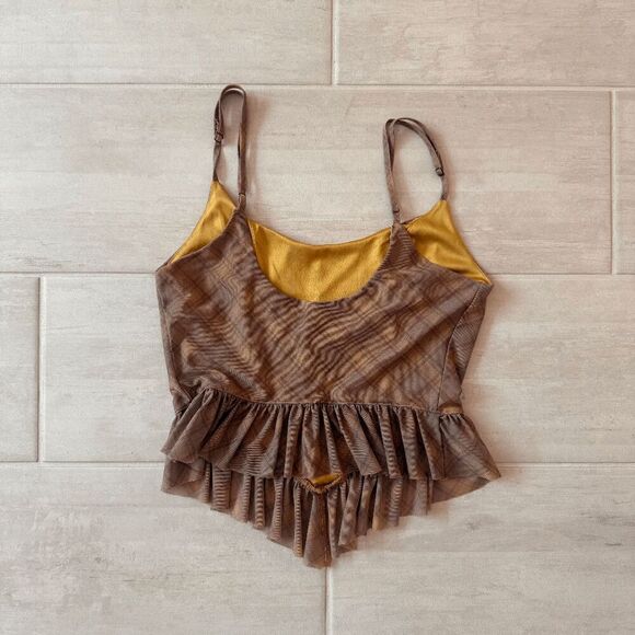 Urban Outfitters Brown Plaid Mesh Camisole Top Ruffled Peplum Hem Sorset-style M - Picture 4 of 7